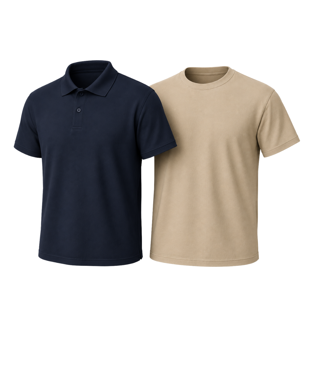 Camisa polo azul marinho e camiseta bege personalizadas